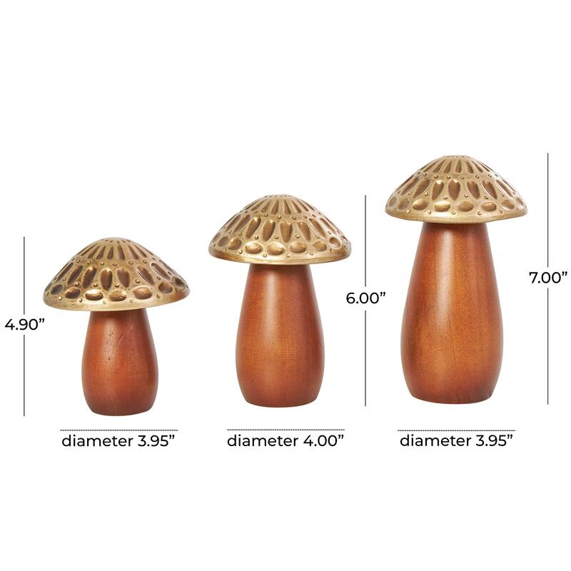 Brown Wood Mushroom Decorative Sculpture with Gold Tops and Groove Patterns (Set of 3)