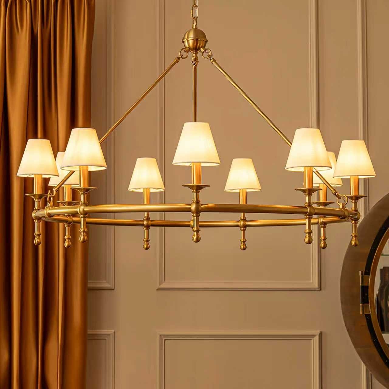 47'' 9-Light Extra Large Vintage Brass Chandelier with White Fabric Shades For Dining Room or Living Room - W47''