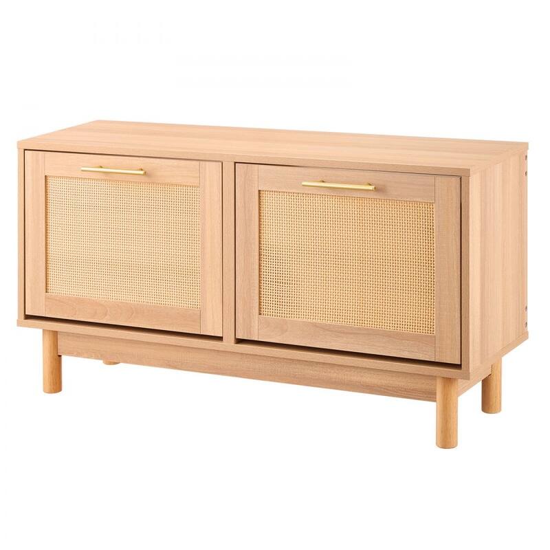 Flip Top Shoe Storage Bench Cabinet with Rattan Accent with Seating for Entryway or Hallway - 39.4” x 11.8” x 20.9”