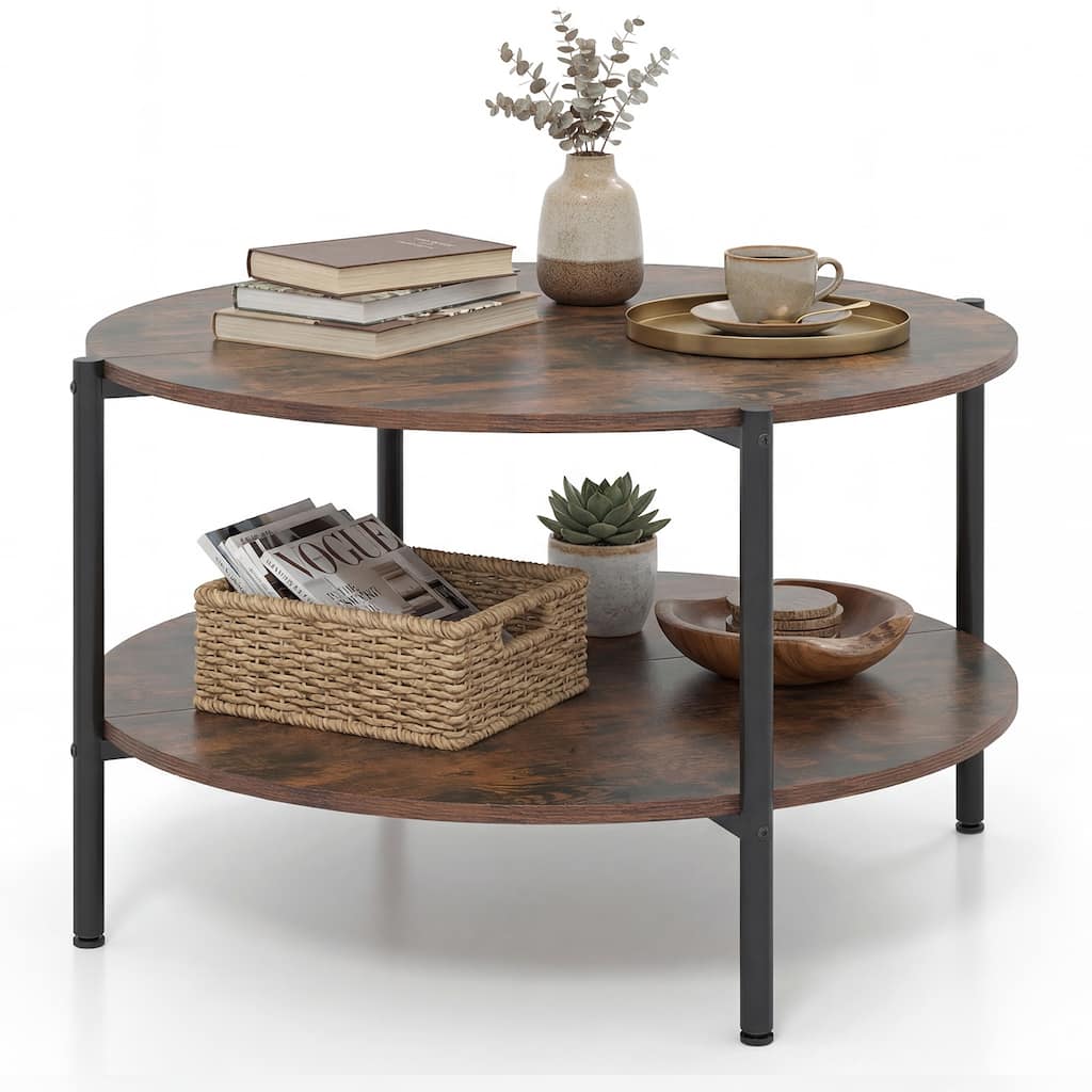 Gymax Round Coffee Table w/Open Storage Shelf Circle Cocktail Table