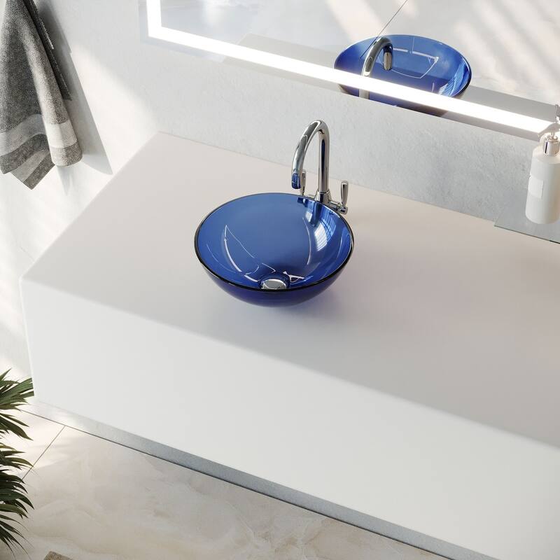 Blue Tempered Glass Round Countertop Vessel Sink 11.75" Scratch Resistant with Drain Pack of 2 Renovators Supply