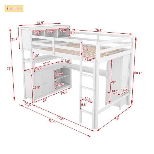 dimension image slide 1 of 2, Full Size Wood Loft Bed with Wardrobe and Desk