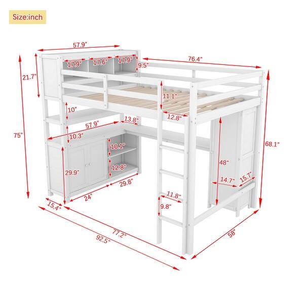 White Full Size Pine Wood Loft Bed with Cabinet, Bookshelf, Wardrobe, and Desk
