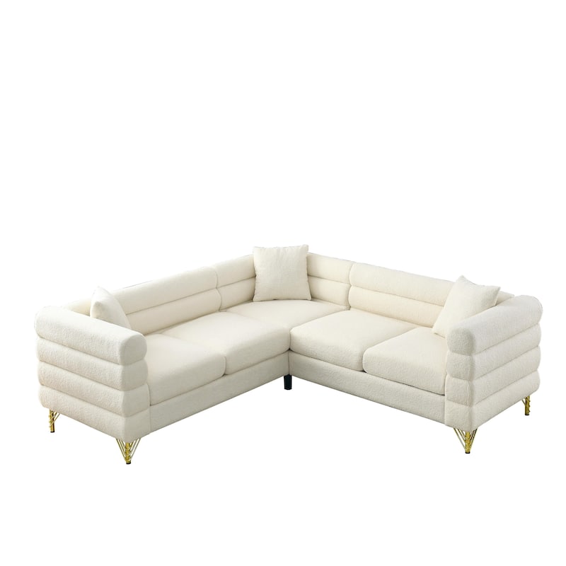 Modern Corner Sofa with Teddy Fabric and Metal Legs, 3-Seater with 3 Pillows