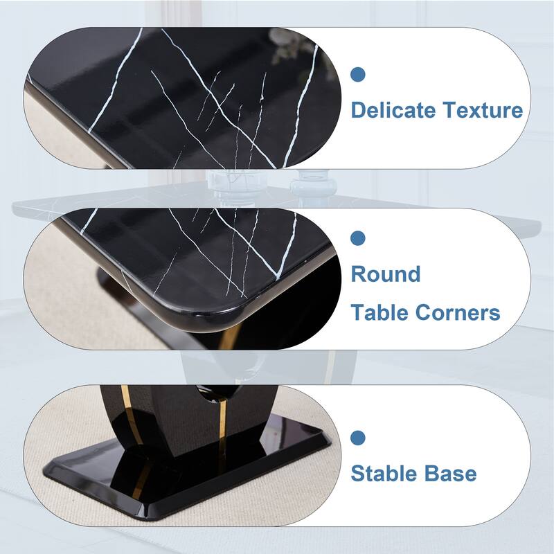 63" Modern Simple Luxurious Black Imitation Marble Grain MDF Dining Table, Rectangular Office Table