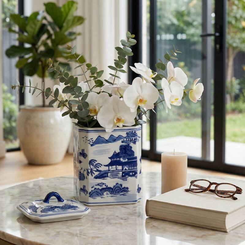 Rectangular Chinoiserie Ceramic Table Jar with Lid