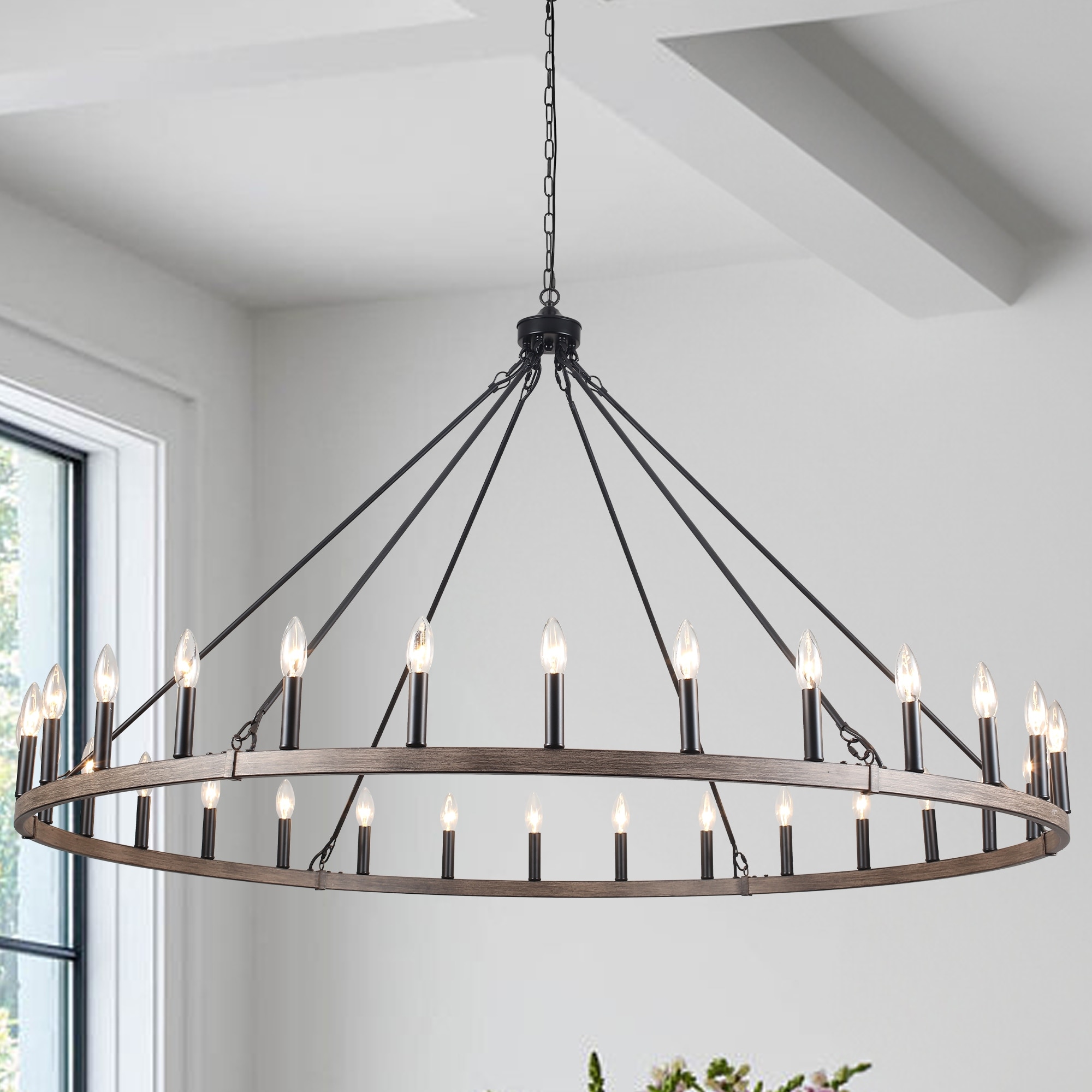 Vyolette 60 in. 30-Light Extra Large Farmhouse Round Wagon Wheel Chandelier, Classic Dining Room Living Room Chandelier
