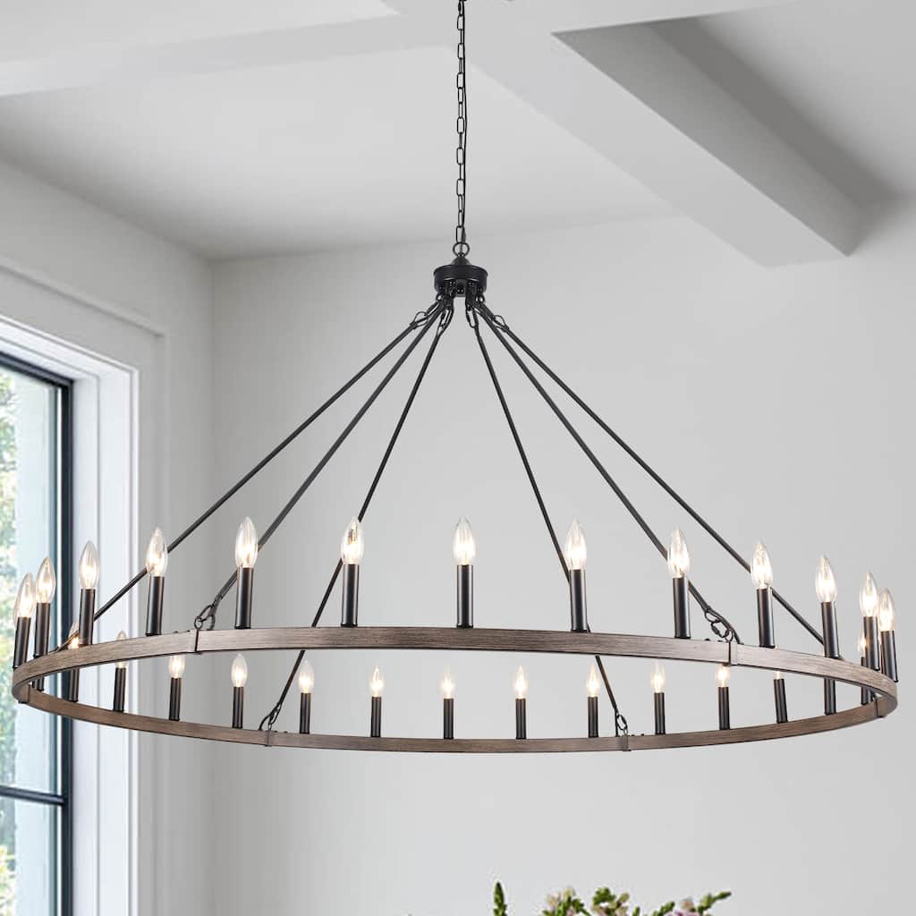 Vyolette 60 in. 30-Light Extra Large Farmhouse Round Wagon Wheel Chandelier, Classic Dining Room Living Room Chandelier