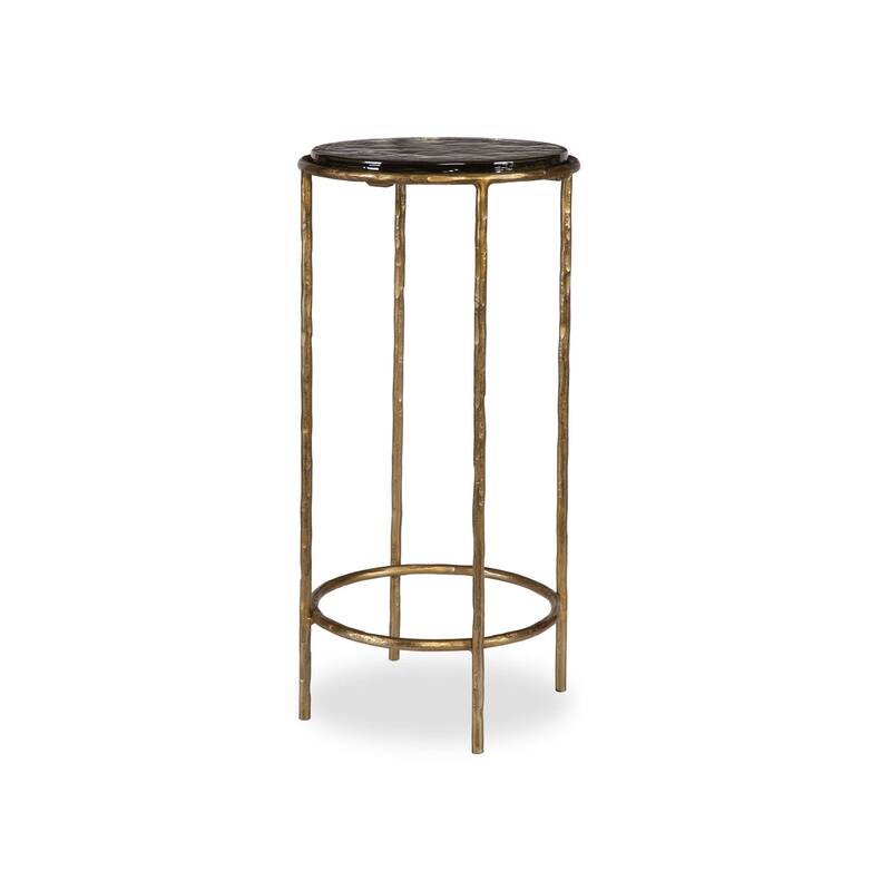 Hex Accent Table, 12 Inch Round Recycled Glass Top, Gold Iron Frame