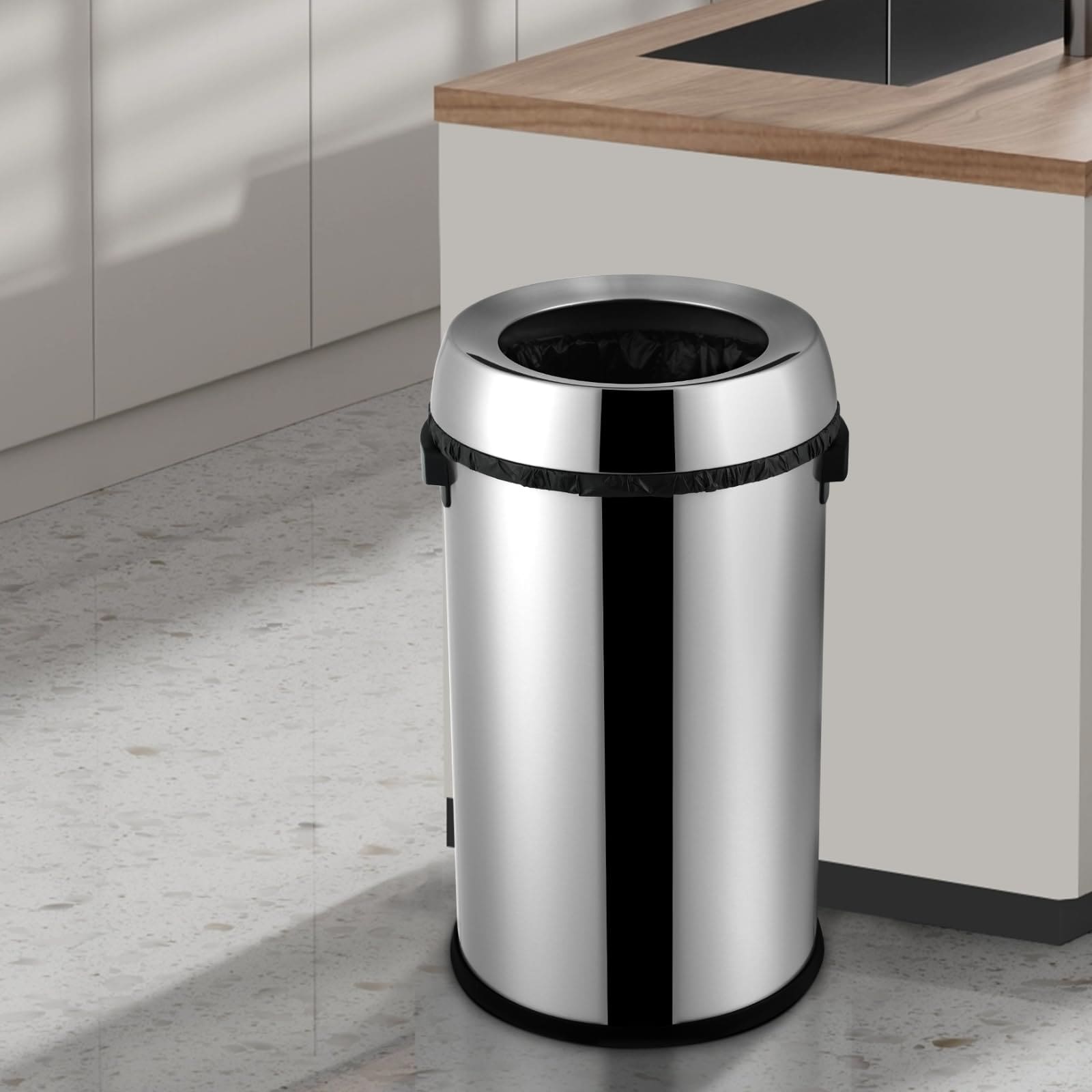 65L/17 Gallon Round Commercial Trash Can,Heavy Duty Stainless Steel Open Top Garbage Bin,Fingerprint Resistant Waste Can