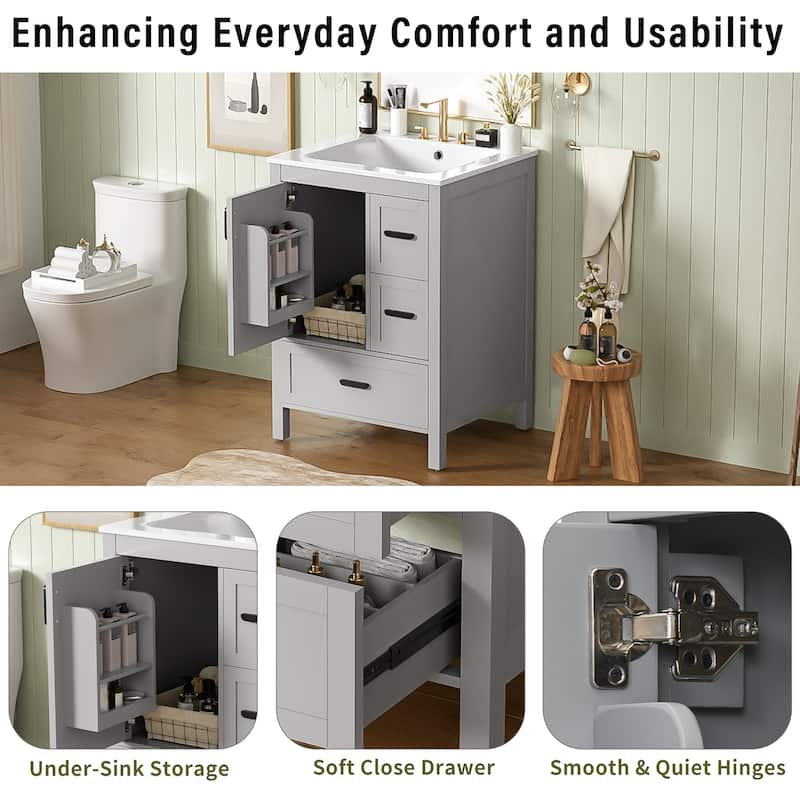 24" Modern Bathroom Vanity with Ceramic Sink - Soft-Close Door, 3 Drawers, Double-Layer Shelf, Minimalist Design