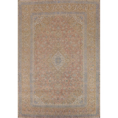 Vintage Pink Floral Kashan Persian Vintage Rug Handmade Wool Carpet - 9'11"x 13'3"