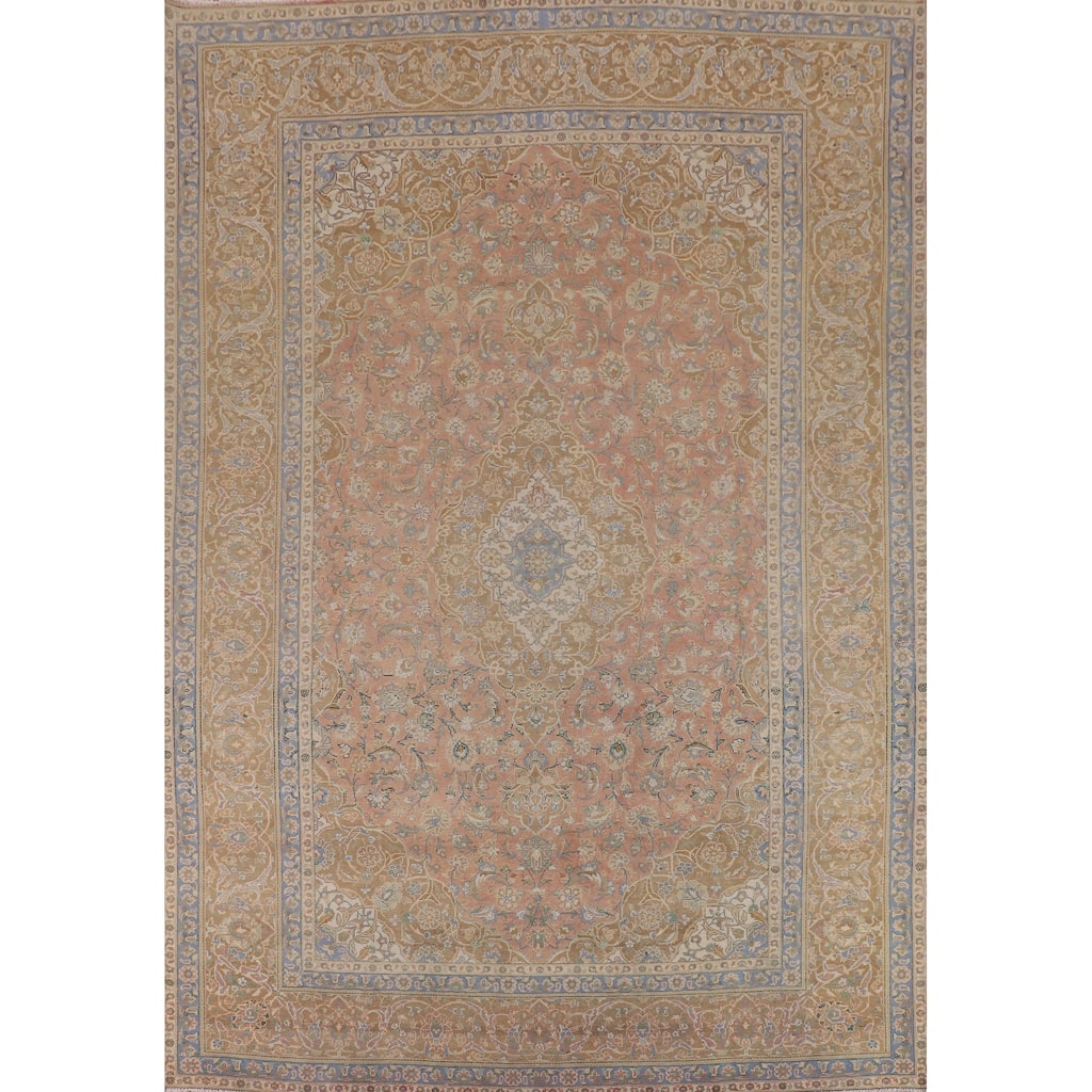 Vintage Pink Floral Kashan Persian Vintage Rug Handmade Wool Carpet - 9'11"x 13'3"