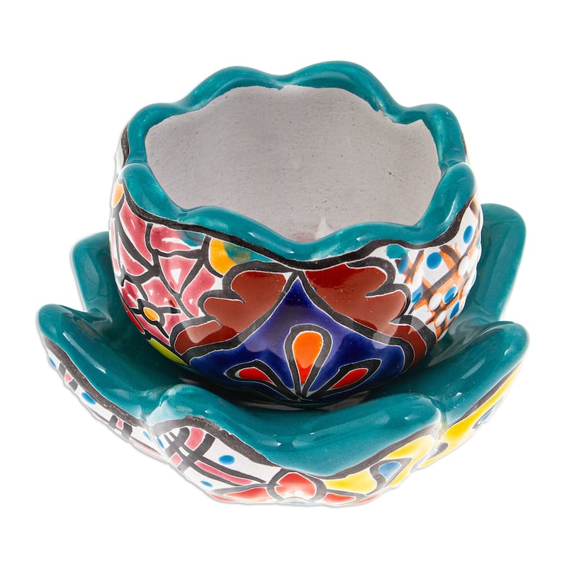 Novica Handmade Talavera Eden In Teal Ceramic Flower Pot