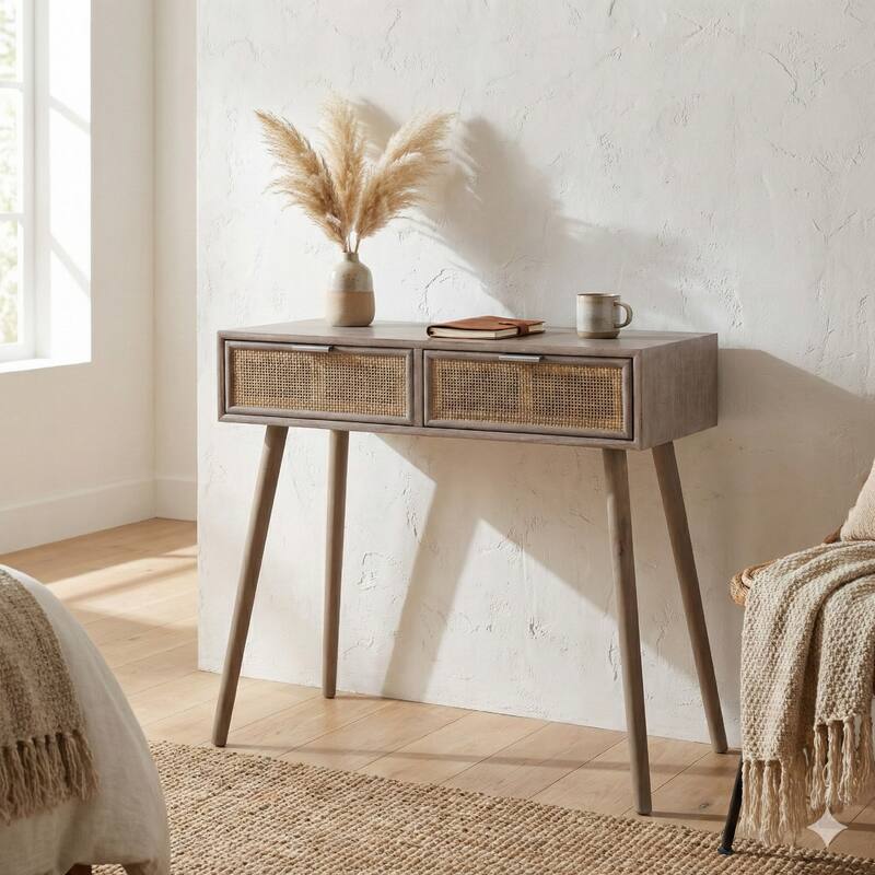 Pia 31 Inch Console Table, Pine Wood, 2 Drawer, Woven Rattan, Rustic ...