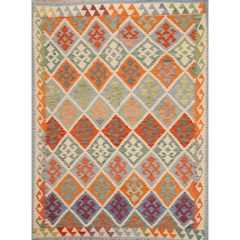 Hand Woven Oriental 100% Wool Carpet Southwestern Geometric Multi-Colored Kilim Area Rug - 6' 3'' X 5' 0''