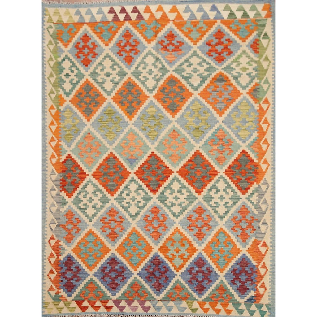 Hand Woven Oriental 100% Wool Carpet Southwestern Geometric Multi-Colored Kilim Area Rug - 6' 3'' X 5' 0''