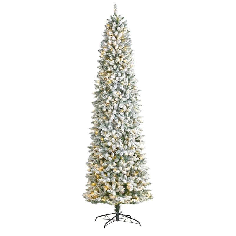 9ft Artificial Christmas Tree with Lights - Slim Winter Fir, Prelit Warm White LED Tree, Flocked Holiday Decor - Green - 108