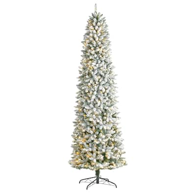 9ft. Slim Flocked Fir Artificial Christmas Tree with 600 Warm White Lights & 1860 Branches - Towering Holiday X-Mas Centerpiece