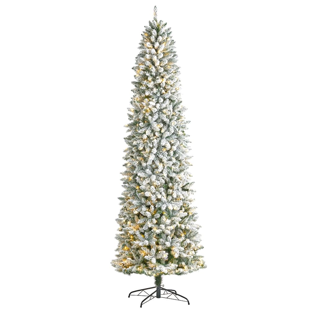 9ft Artificial Christmas Tree with Lights - Slim Winter Fir, Prelit Warm White LED Tree, Flocked Holiday Decor - Green - 108