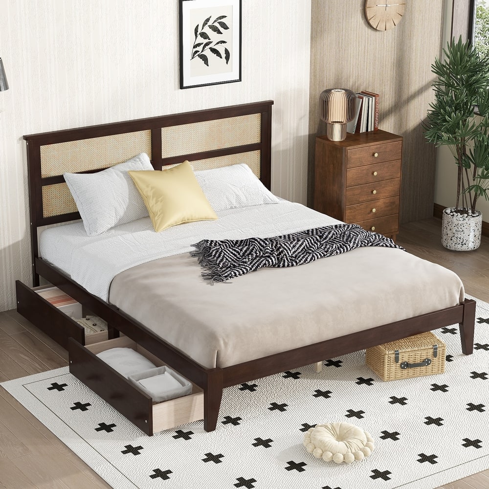 GDFStudio Rubber Wooden Bed with Rattan Headboard