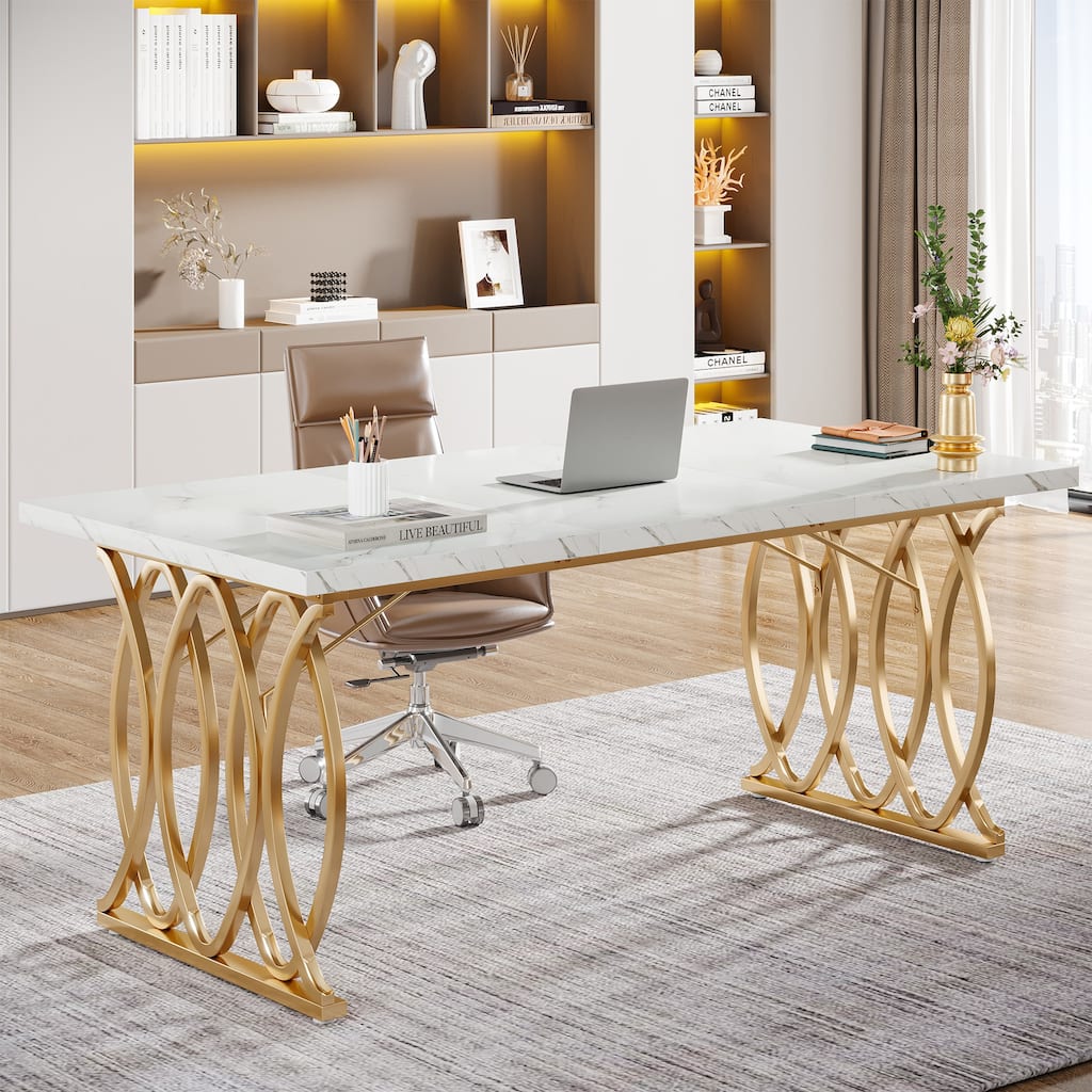 63-Inch Executive Desk, Large Computer Desk for Home Office,White and Gold