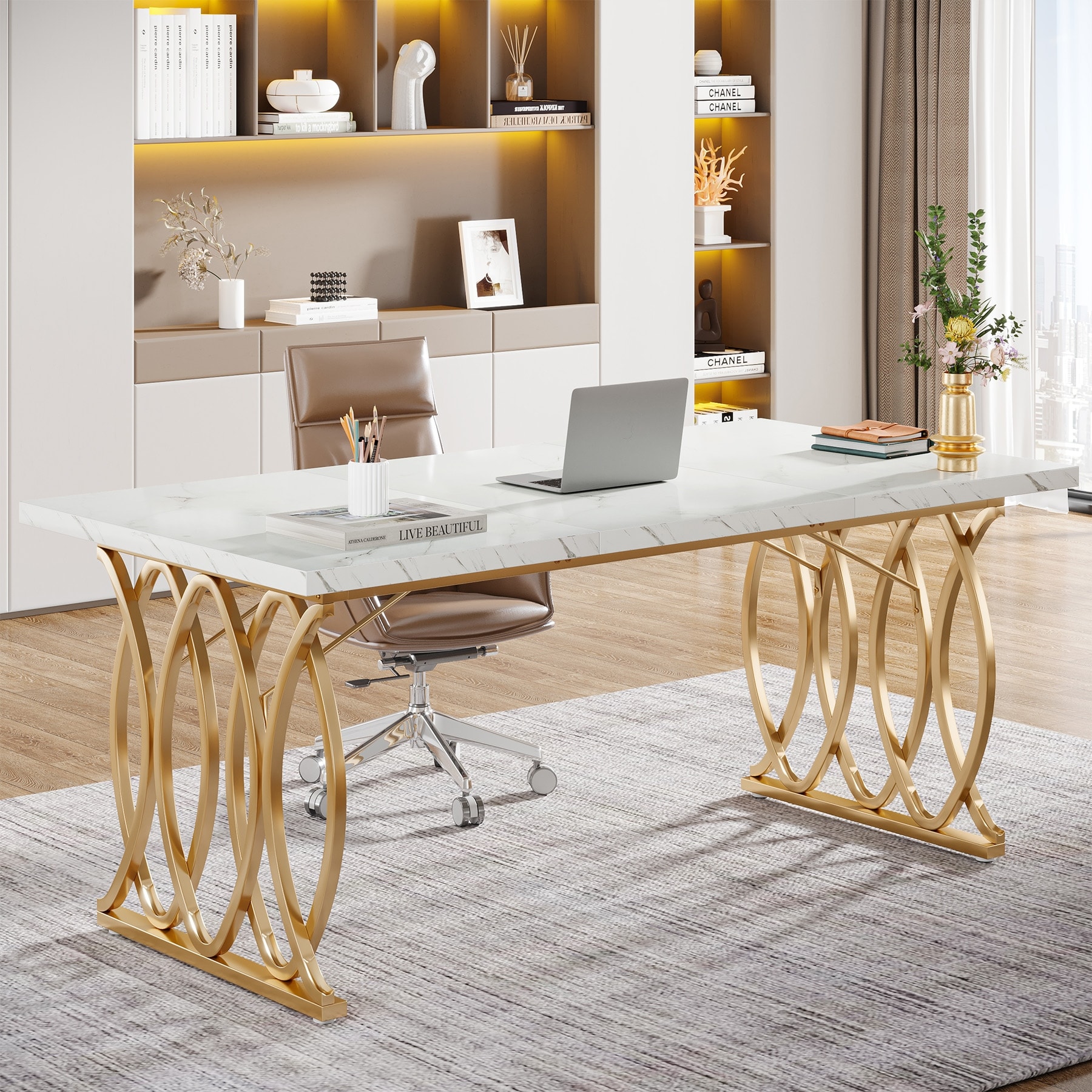 63-Inch Executive Desk, Large Computer Desk for Home Office,White and Gold