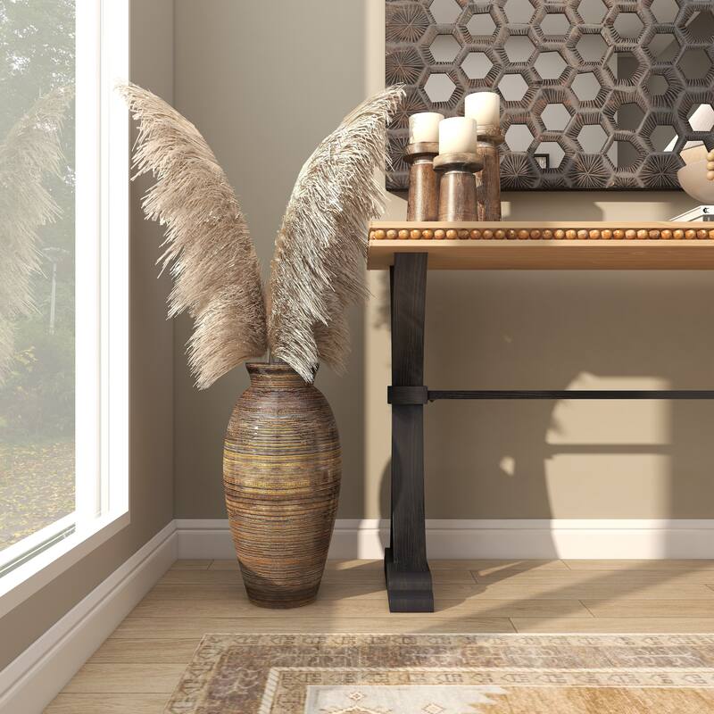 Brown Bamboo Wood Textured Decorative Vase with Lacquer