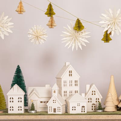 Stoneware Bisque Houses with LED Lights, Set of 6 - Multi