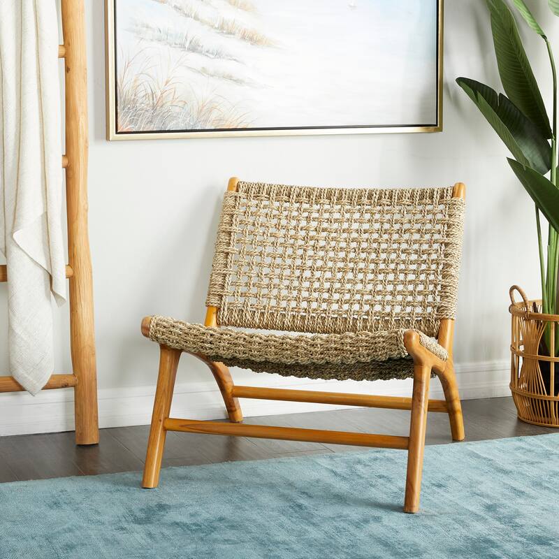 Teak Wood Living Room Accent Chair with Leather or Woven Cane Seat
