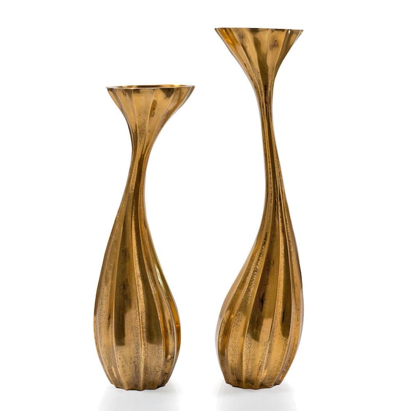 Set of Two Antiqued Gold Aluminum Wavy Faceted Tabletop Pillar Candle Holders