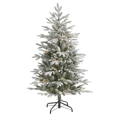 4.5’ Pre-Lit Flocked Manchester Artificial Christmas Tree, Warm Clear LED Lights - 4.5 Foot