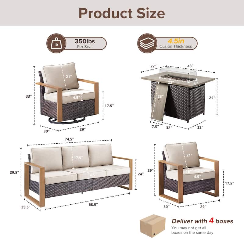 Meyreso Wicker Outdoor Patio Fire Pit Set with Swivel Gliders and Olefin Cushions