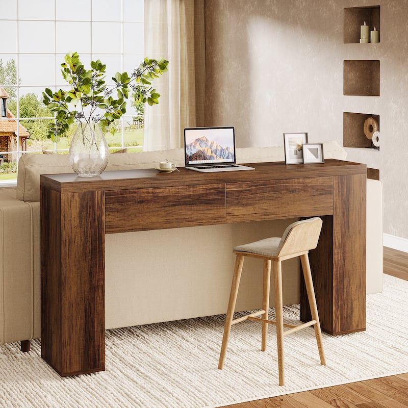 63-Inch Wooden Console Table, Farmhouse Rustic Brown Sofa Table