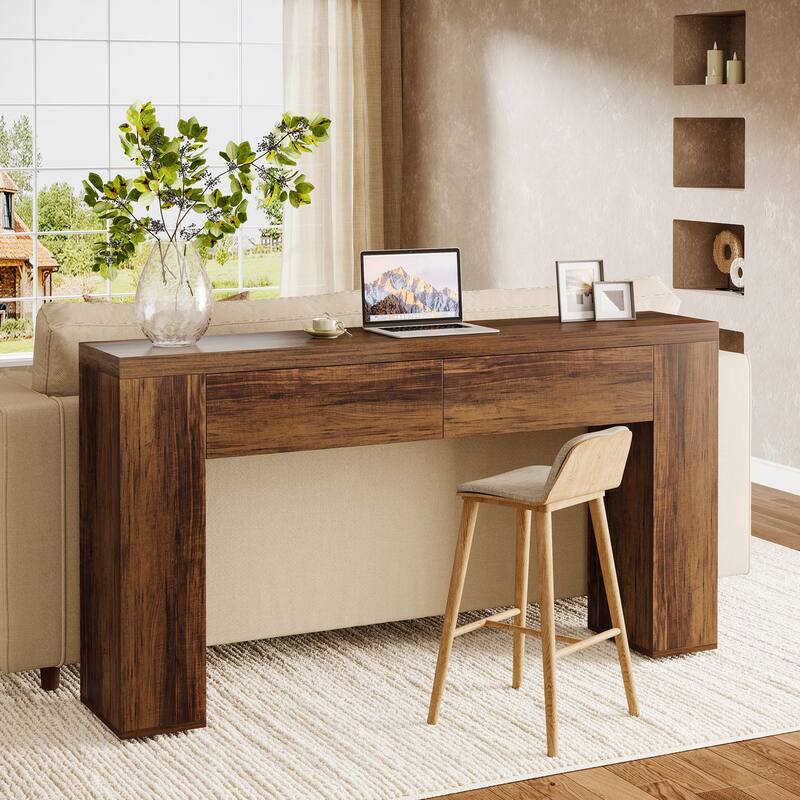 63-Inch Wooden Console Table with 2 Hidden Drawers, Sofa Table for Living Room, Hallway, Entrance, Foyer