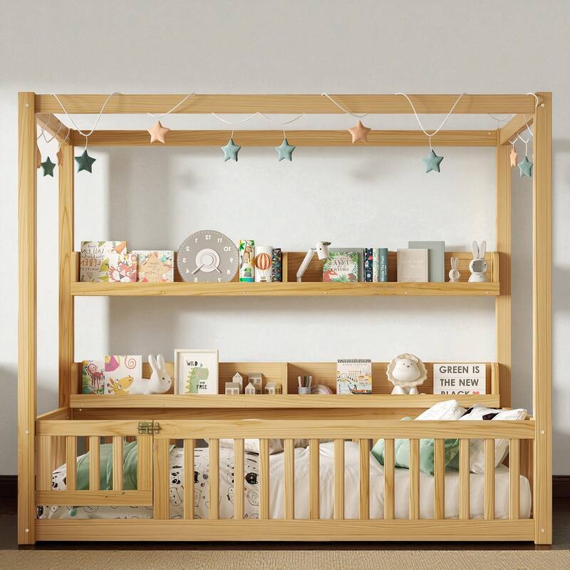 Twin/Full Size Montessori Floor Bed with Canopy and Guardrails, Solid Wood Kids Bed Frame with Shelves, No Box Spring Needed - Natural - Twin