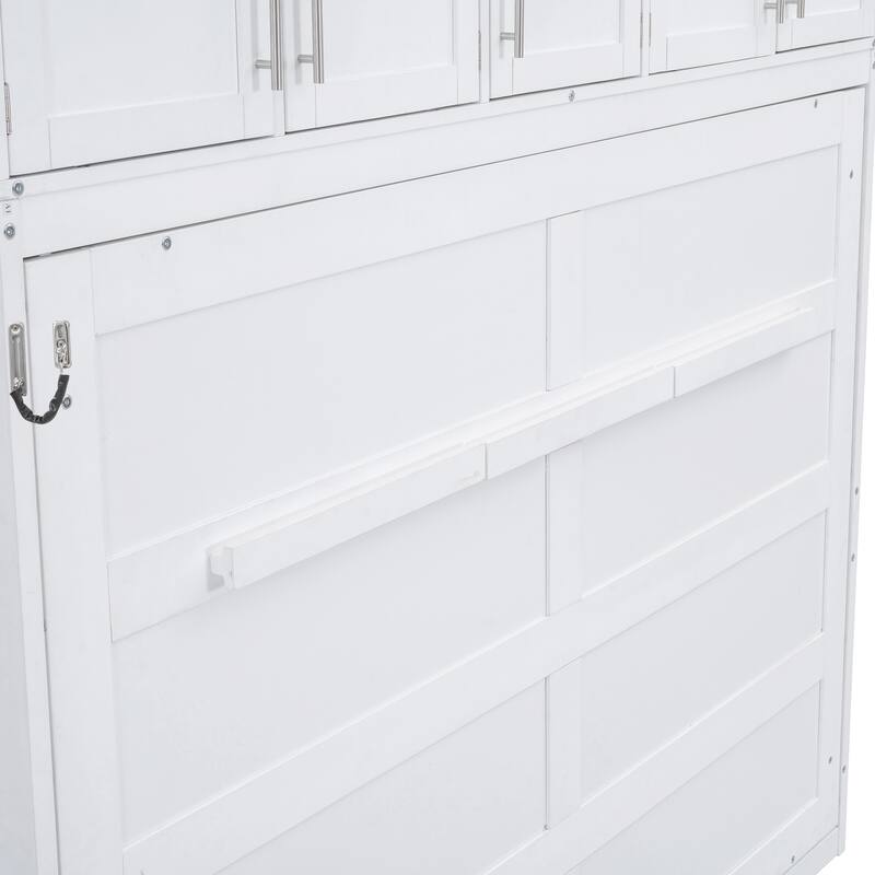 White Queen Size Wall Bed with Top Cabinets - Space Saving Foldable Murphy Bed for Guest Room
