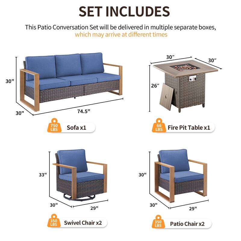 Pocassy 4/6/8PCS Sofa Swivel Chair with Fire Pit Table Set