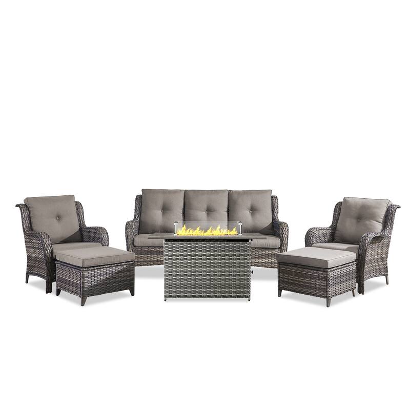 Fire Pit Table with Patio Sofa Chairs and Ottomans