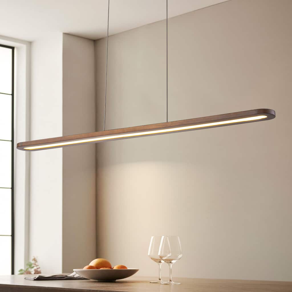 47.2 in. 1-Light Modern Farmhouse Walnut Wood Linear Dimmable Integrated LED Hanging Island Light for Dining Room