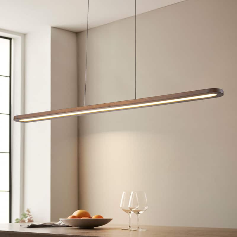 47.2 in. 1-Light Modern Farmhouse Walnut Wood Linear Dimmable Integrated LED Hanging Island Light for Dining Room - Black/Brown - 47.2 in. W x 1.4 in. H x 4 in. D