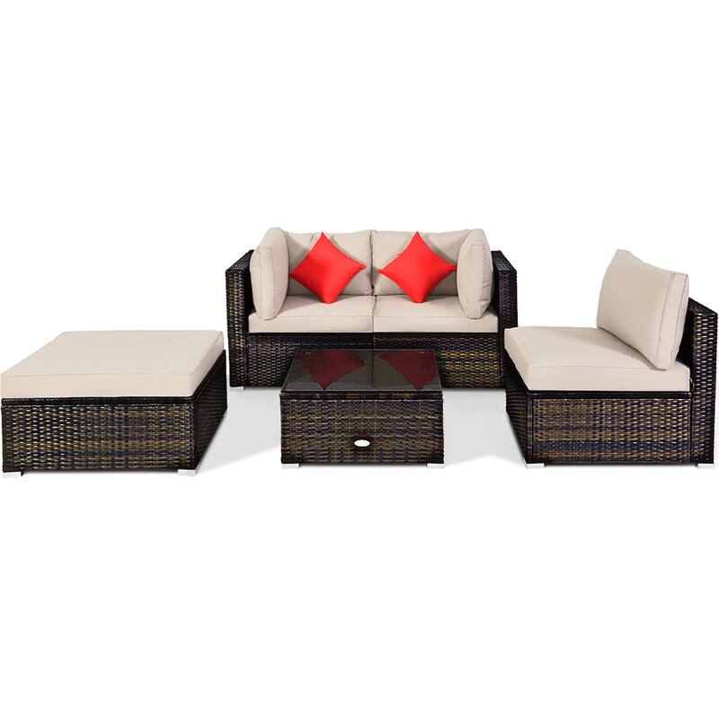 5 PCS Patio Rattan Furniture Set Outdoor Rattan Sofa and Table Set - Brown