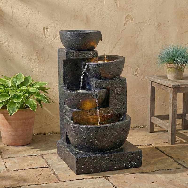 GDFStudio - Terrazzo 29" H Modern Outdoor/Indoor 4-Tier Water Fountain with Cascading Bowls, Stacked Stones Design & LED Lights - White/Black