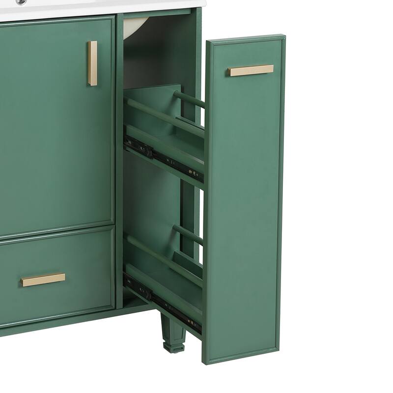 Bathroom Vanity with Ceramic Sink, Freestanding Bathroom Cabinets with Door Shelf, Deep Drawer & 2-Tier Pull-Out Baskets