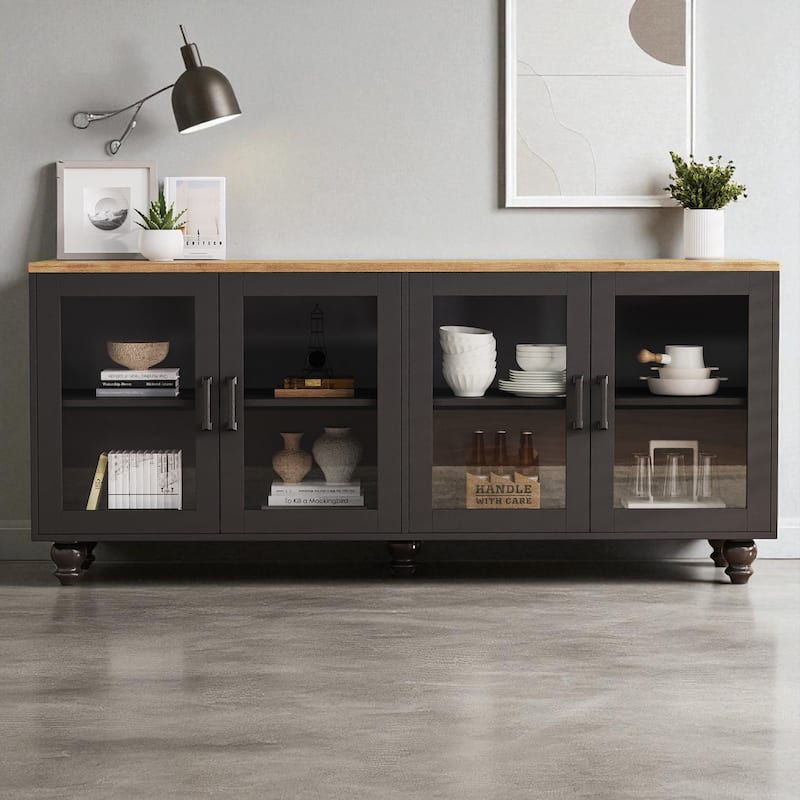 Farmhouse TV Stand for TVs Up to 70", Glass Door Sideboard with Adjustable Shelves and Wood Legs - Black