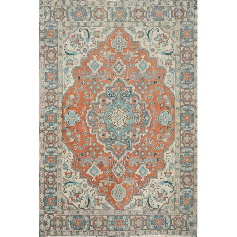 Hand Knotted Oriental 100% Wool Carpet Traditional Floral Oranges & Rust Tabriz Area Rug - 6' 5'' X 4' 8''