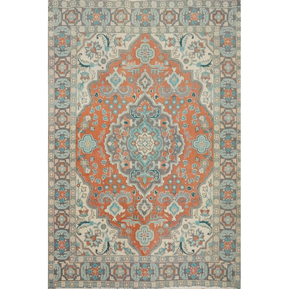 Hand Knotted Oriental 100% Wool Carpet Traditional Floral Oranges & Rust Tabriz Area Rug - 6' 5'' X 4' 8''