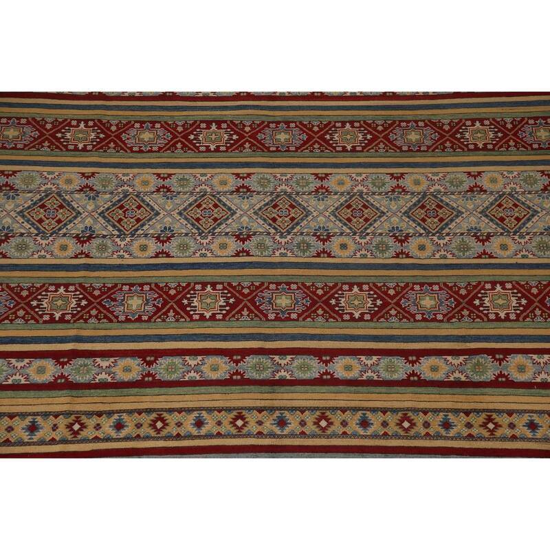 Striped Kazak Geometric Area Rug Wool Carpet - 9'10" x 12'9"