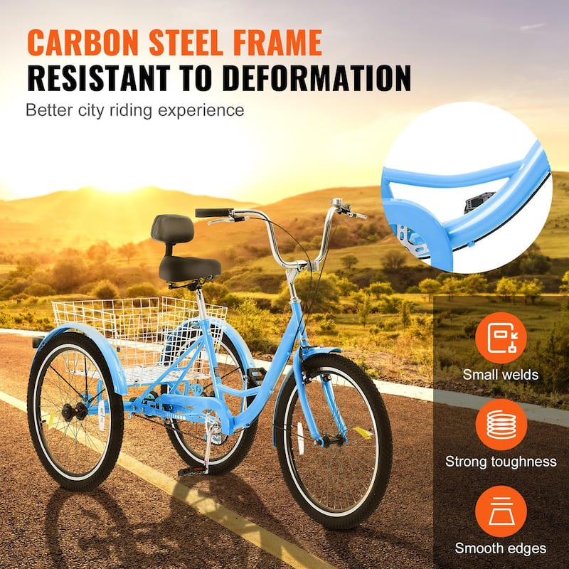 Blue Carbon Steel Adult Tricycle with Large Basket and Adjustable Height - 68.5” L x 29.9” W x 44.9” H
