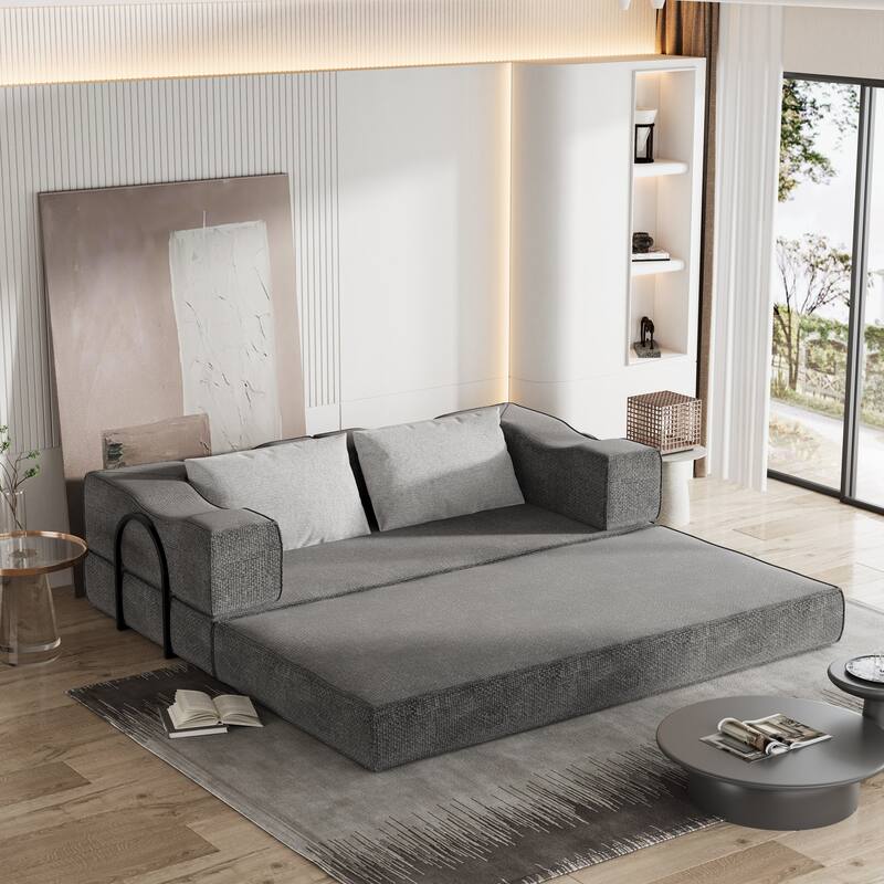 80" Convertible Sofa Bed with 2 Pillows, 2-Seat Folding Floor Couch, Multifunctional Chenille Loveseat Living Room Sleeper Sofa